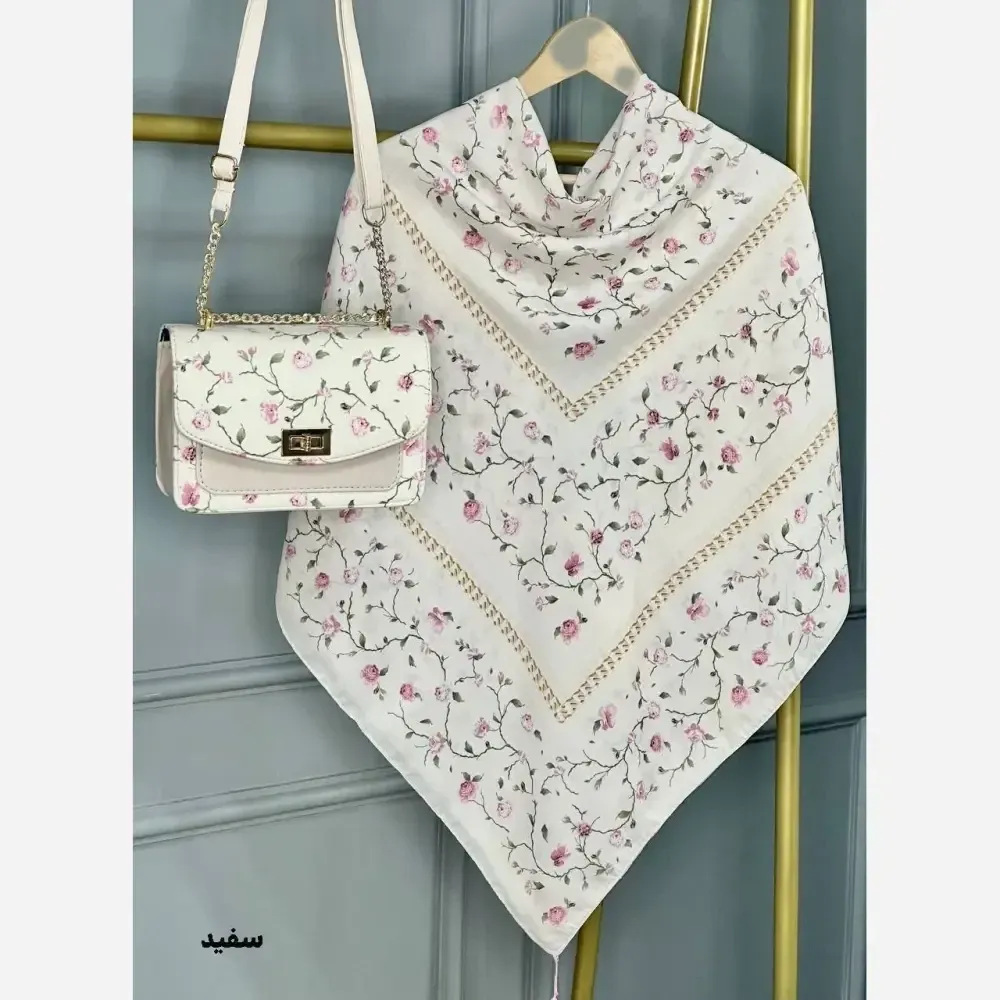 ست کیف و روسری گلسار مخمل و چرم صنعتی نخی منگوله دار سایز 130