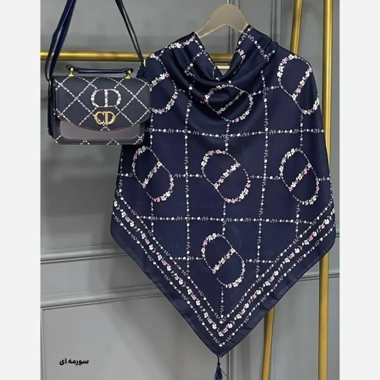 ست کیف و روسری طرح دیور مخمل و چرم صنعتی نخی منگوله دار سایز 130 طوسی سورمه ای