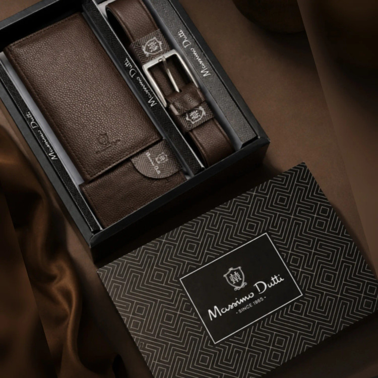 ست کادویی مردانه شامل کیف پول جاکارتی و کمربند چرم صنعتی با جعبه شیک