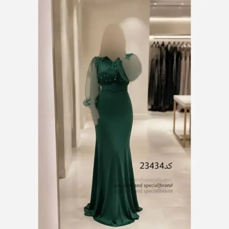 ماکسی مجلسی زنانه ستاره کرپ کش و تور مروارید دوزی شده کمربند دار