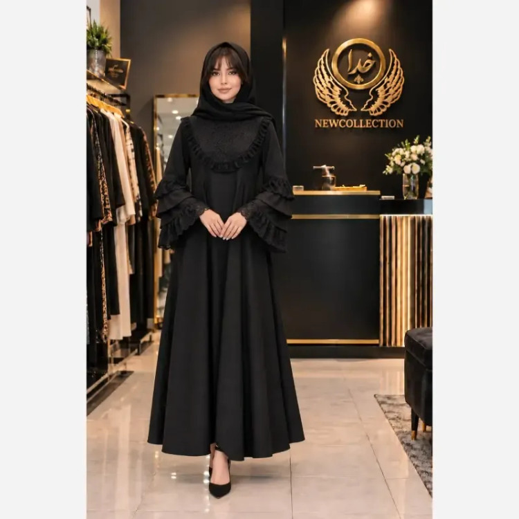 عبا زنانه مدل یاس جنس بابوس و تور دانتل رنگ مشکی فری سایز 38 تا 48