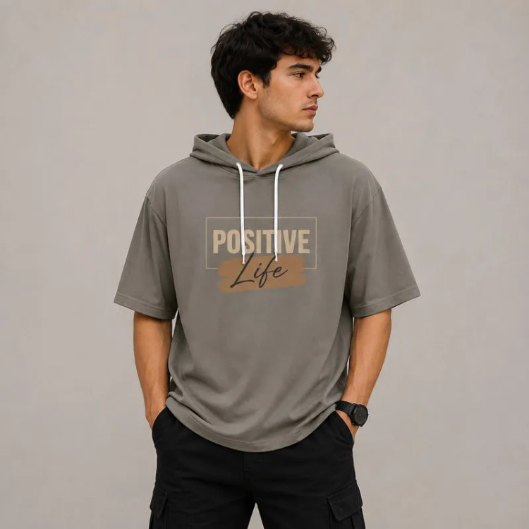 تی شرت مردانه کلاه دار پنبه ای طرح حروف مدل positive