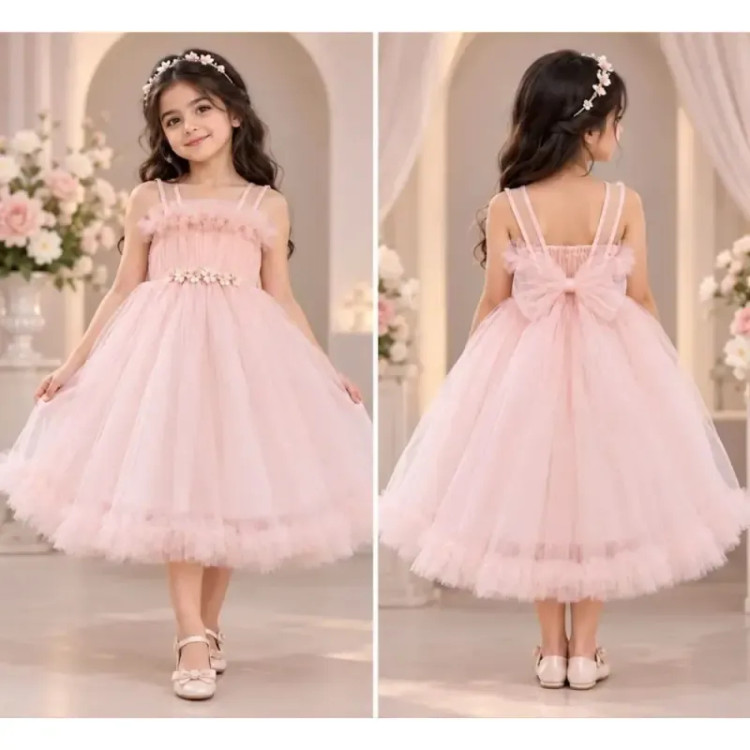 لباس عروس دخترانه مجلسی پف دار فنردار رنگ گلبهی سایز 3 و 4 مناسب 3 تا 6 سال